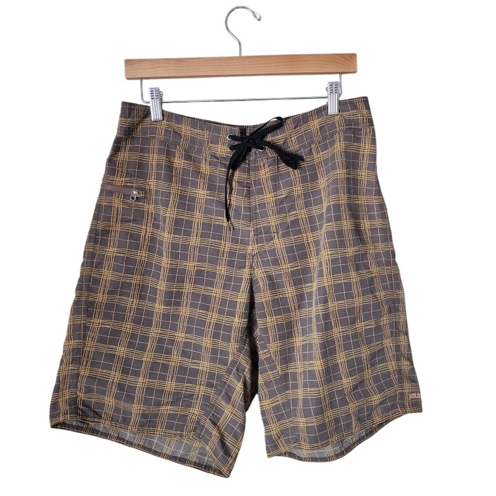 PATAGONIA Plaid Board Shorts Brown Yellow Surf Outdoor Y2K Mens 32‎